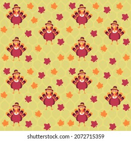 Cartoon Turkey Bird With Maple Leaves On Yellow Droplet Pattern Background.