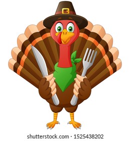 Cartoon Turkey Bird Mascot Character holding fork and knife.Vector Illustration