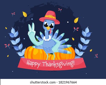 Cartoon Turkey Bird Wear Pilgrim Hat in Rock Pose with Pumpkins, Wheat Ear and Leaves on Blue Background for Happy Thanksgiving.