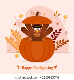 Cartoon Turkey Bird Wearing Pilgrim Hat Inside Pumpkin with Leaves and Wheat Ears on White Background for Happy Thanksgiving Celebration.