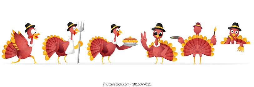 Cartoon Turkey Bird Wearing Pilgrim Hat in Different Activity.