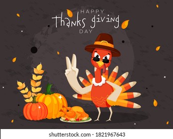 Cartoon Turkey Bird Wearing Pilgrim Hat with Food Elements and Leaves Falling on Grey Grunge Background for Happy Thanksgiving Day.