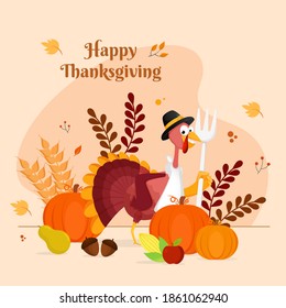 Cartoon Turkey Bird Wearing Pilgrim Hat with Fork, Pumpkins, Corn, Fruits, Wheat Ear and Leaves Decorated Background for Happy Thanksgiving Celebration.