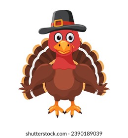 Cartoon turkey bird wearing a pilgrim's hat. Traditional american, canadian symbol of Happy Thanksgiving Day. Cute character. Vector clipart. Vector illustration.
