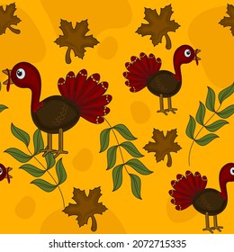 Cartoon Turkey Birds And Autumn Leaves Decorated On Yellow Background.