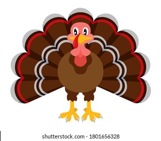 Cartoon turkey character. Mascot bird for autumn party. Thanksgiving themed vector illustration for icon, logo, poster, postcard or invitation card decor