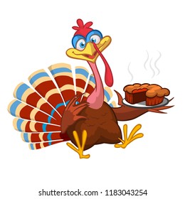 Cartoon turkey character with a pie. Thanksgiving clipart