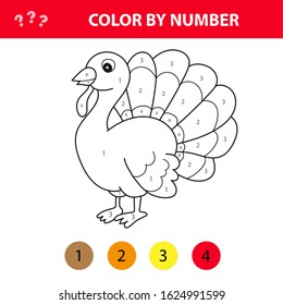 Cartoon turkey. Color by number educational game for kids. Vector illustration for schoolchild and preschool