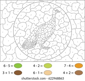 Cartoon turkey. Color by number educational game for schoolchild and preschool kids