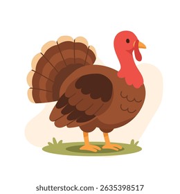 Cartoon turkey with colorful tail stands on grass, turkey brings festive touch to fall visuals, turkey ideal for Thanksgiving content, farm themes, and children s illustrations.