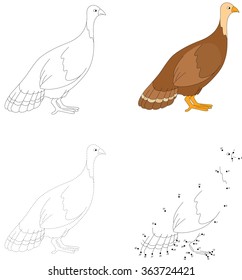 Cartoon turkey. Dot to dot educational game for kids. Vector illustration