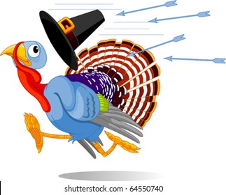 Cartoon turkey escapes from the arrows and loses his hat