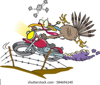 cartoon turkey escaping on a motorcycle