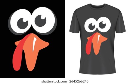 Cartoon Turkey Face Design on Black Background and Black T Shirt Mockup