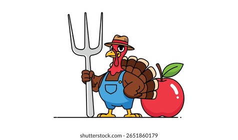 Cartoon Turkey Farmer Holding Pitchfork Beside Red Apple