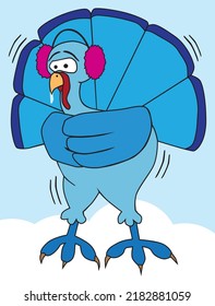 A cartoon turkey is freezing and turning blue with the cold