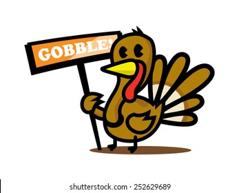 Cartoon Turkey with Gobble Sign.