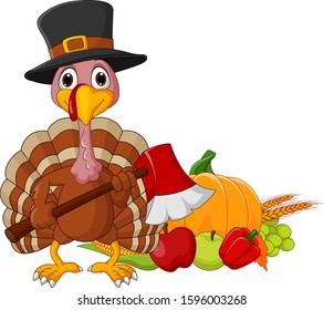 Cartoon turkey holding axe with harvest cornucopia collection