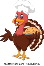 Cartoon turkey holding cake pie