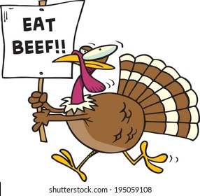 cartoon turkey holding an eat beef sign