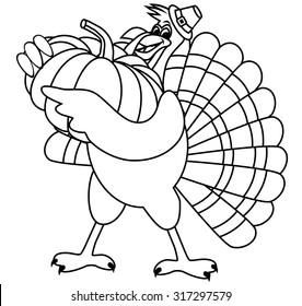 Cartoon turkey holding huge pumpkin  EPS 10 vector  grouped for easy editing  