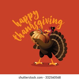 Cartoon turkey holding pumpkin greeting card design  EPS 10 vector  grouped for easy editing 