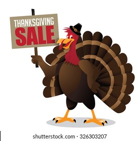 Cartoon turkey holding Thanksgiving sale sign. EPS 10 vector royalty free stock illustration for ad, promotion, poster, flier, blog, article, social media, marketing