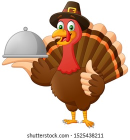 Cartoon turkey holding tray. Vector Illustration