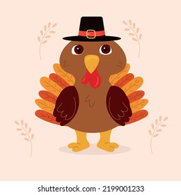 Cartoon turkey isolated on beige background. Thanksgiving card in hand drawn. Vector illustration. 