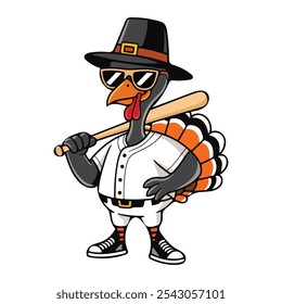 Cartoon turkey mascot playing baseball as a hitter. Fun and lively character illustration, perfect for sports-themed or Thanksgiving designs.
