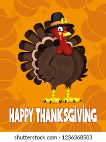 Cartoon turkey on an orange background with pumpkins and text happy thanksgiving.
