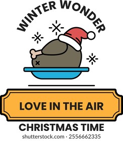 A cartoon turkey is on a plate with a white background and a red hat. The turkey is wearing a santa hat and is surrounded by snowflakes. The image is titled Winter Wonder