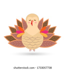 Cartoon turkey on white. Cute bird with a beautiful plumage. Thanksgiving autumn holiday symbol. Vector illustration.