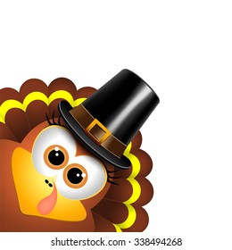 Cartoon turkey in a pilgrim hat.