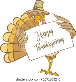 Cartoon Turkey With Pilgrim Hat Holding Happy Thanksgiving Sign