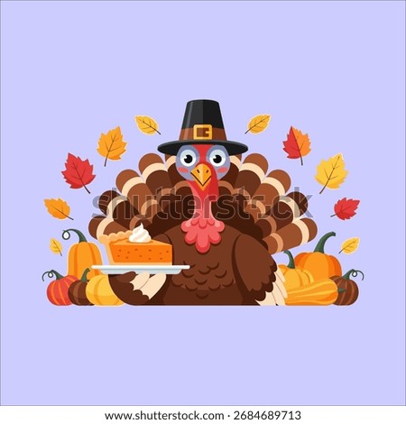 A cartoon turkey in a pilgrim hat holds a slice of pumpkin pie, surrounded by pumpkins and colorful autumn leaves for a Thanksgiving celebration.