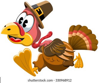 Cartoon turkey with pilgrim hat in a hurry isolated