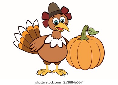 Cartoon turkey in pilgrim hat standing with pumpkin, colorful Thanksgiving illustration for holiday web design, posters, festive greeting cards