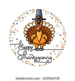 
Cartoon Turkey in pilgrim hat. Thanksgiving vector illustration. Happy Thanksgiving card. Handwritten words and  cute turkey.