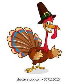 Cartoon turkey in pilgrim hat. Thanksgiving vector illustration isolated on white background