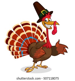 Cartoon turkey in pilgrim hat. Thanksgiving vector illustration isolated on white background