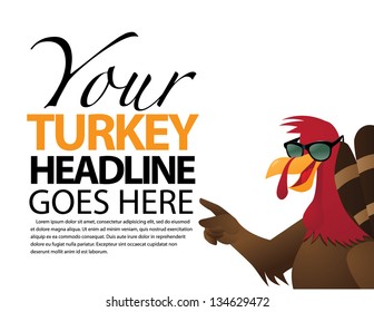 Cartoon Turkey points towards your message. EPS 8 vector, grouped for easy editing. No open shapes or paths.