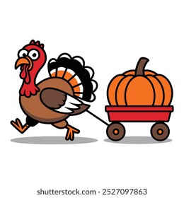 Cartoon turkey pulling a wagon with a pumpkin illustration