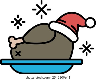 A cartoon turkey with a red hat and a white snowflake on its head. The turkey is sitting on a blue plate