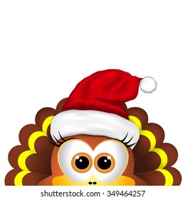 Cartoon turkey in Santa hat. Card for Christmas.