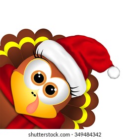 Cartoon turkey in a santa hat on a white background