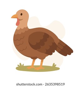 Cartoon turkey stands calmly on green grass, turkey adds warmth to Thanksgiving visuals, ideal for fall harvest scenes, turkey perfect for kids books and rural themes.