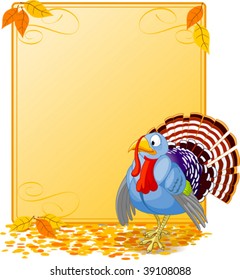 Cartoon turkey strutting with plumage. Elements are layered for easy editing.  Great for invitations, announcements, place cards, etc.