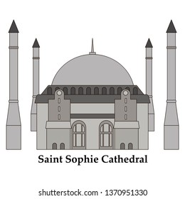 Cartoon Turkey symbols and objects set: Saint Sophie Cathedral, Maiden's Tower, palace of Topapa, Galata Tower, Istanbul architecture.