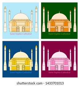 Cartoon Turkey symbols and objects set: Saint Sophie Cathedral, Maiden's Tower, palace of Topapa, Galata Tower, Istanbul architecture.